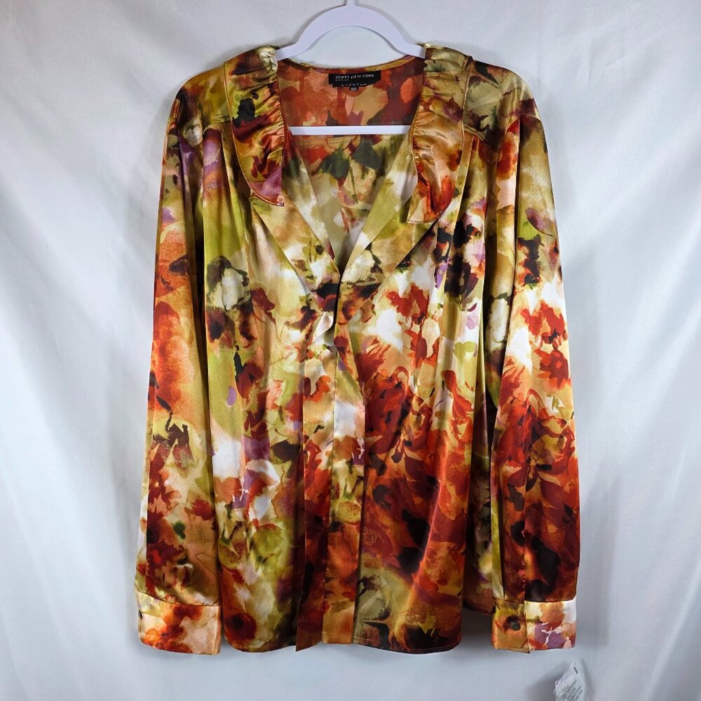 Jones New York Long Sleeve Blouse Women's Size 22W Ivory Black & Orange Floral